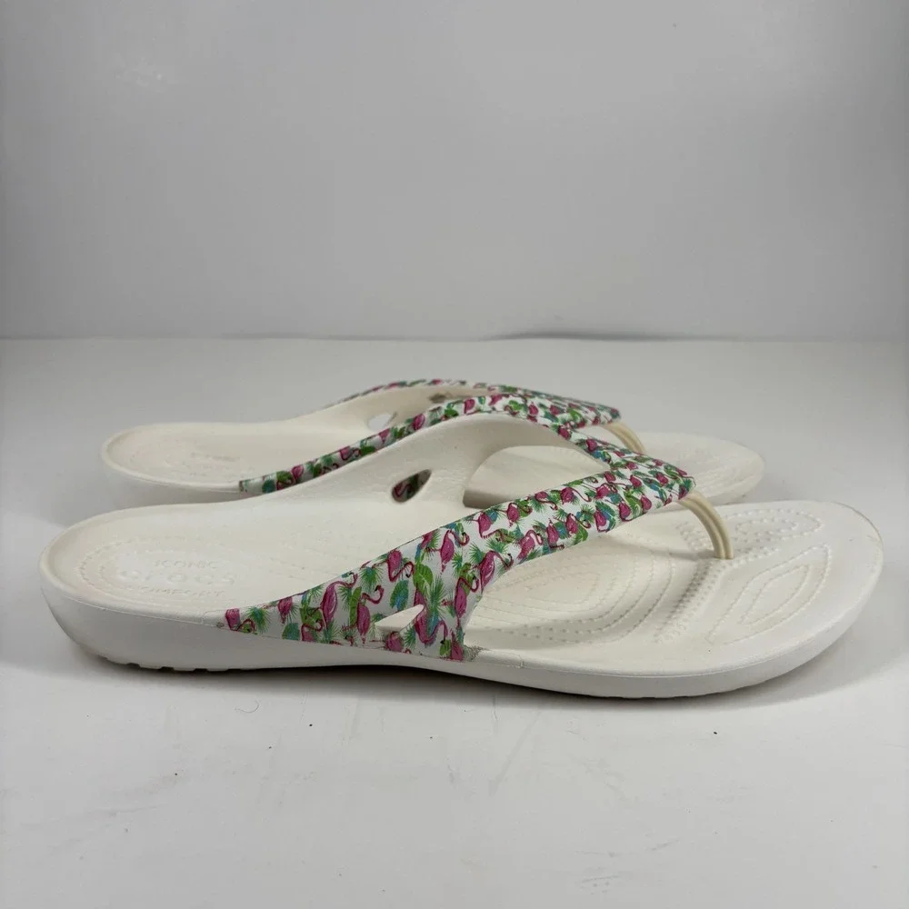 Crocs Kadee II Graphic Flamingo Women's 11 White Comfort Flip-Flop Beach Sandals